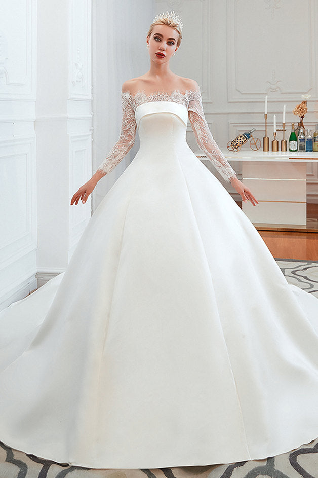 Romantic Lace Long Sleevess Princess Satin Wedding Dress-showprettydress