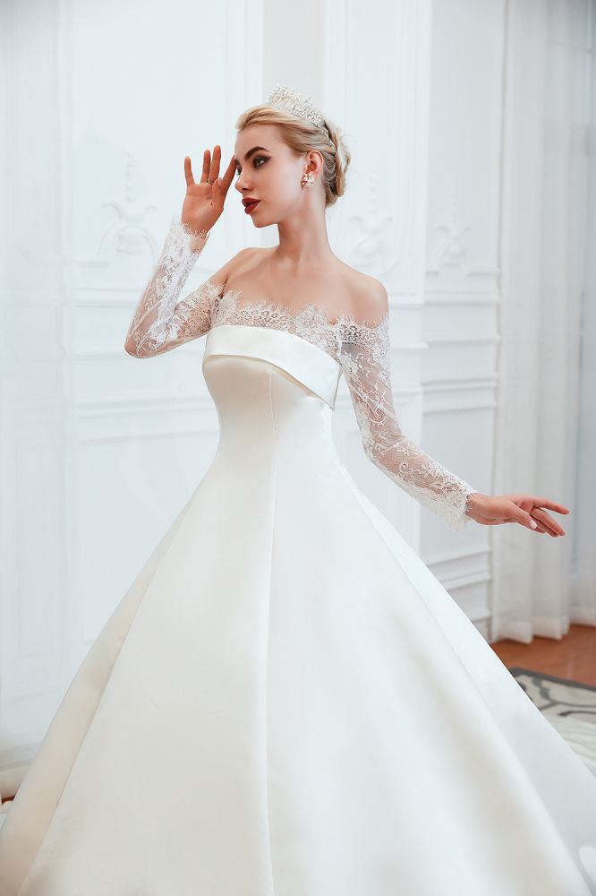 Romantic Lace Long Sleevess Princess Satin Wedding Dress-showprettydress