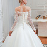 Romantic Lace Long Sleevess Princess Satin Wedding Dress-showprettydress