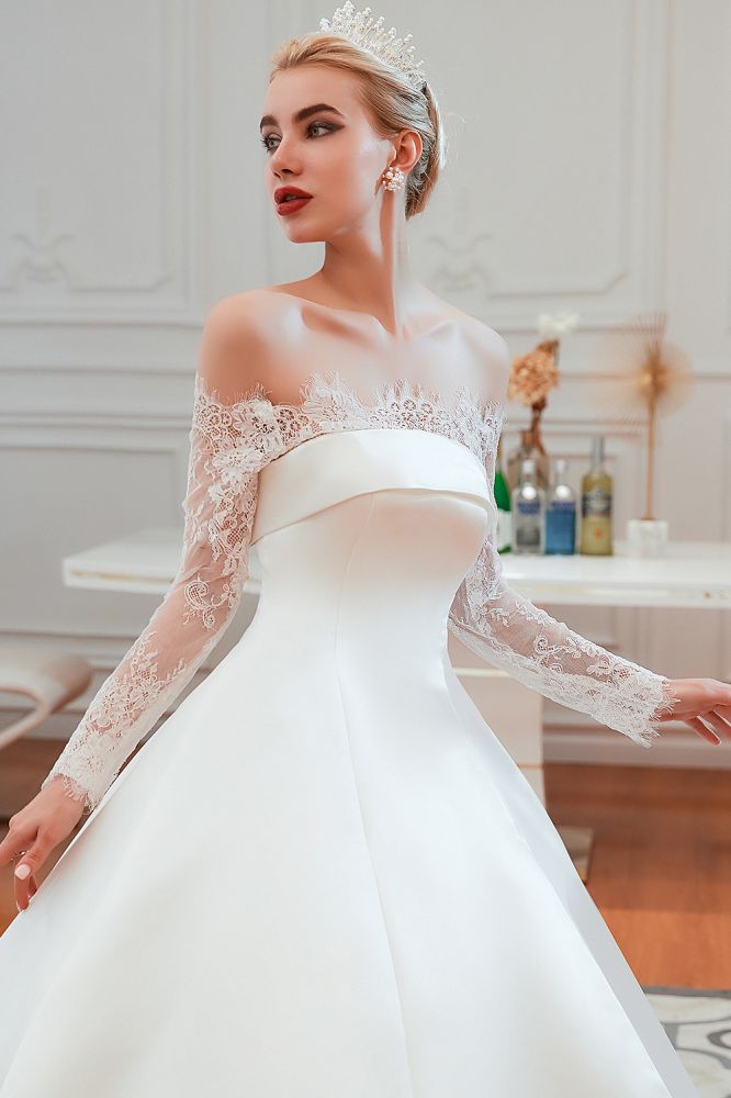 Romantic Lace Long Sleevess Princess Satin Wedding Dress-showprettydress