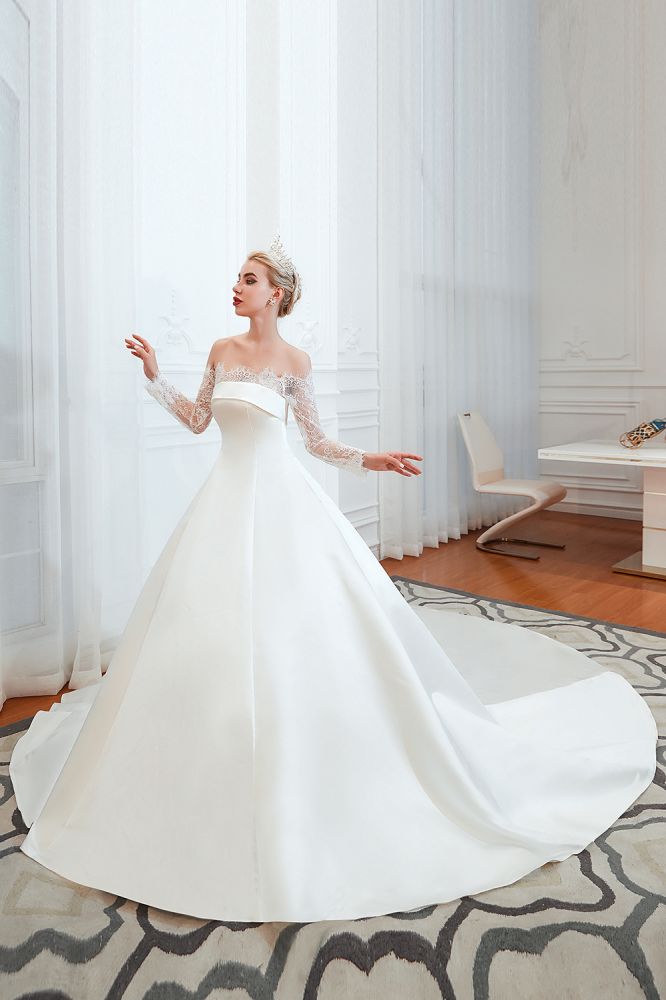 Romantic Lace Long Sleevess Princess Satin Wedding Dress-showprettydress