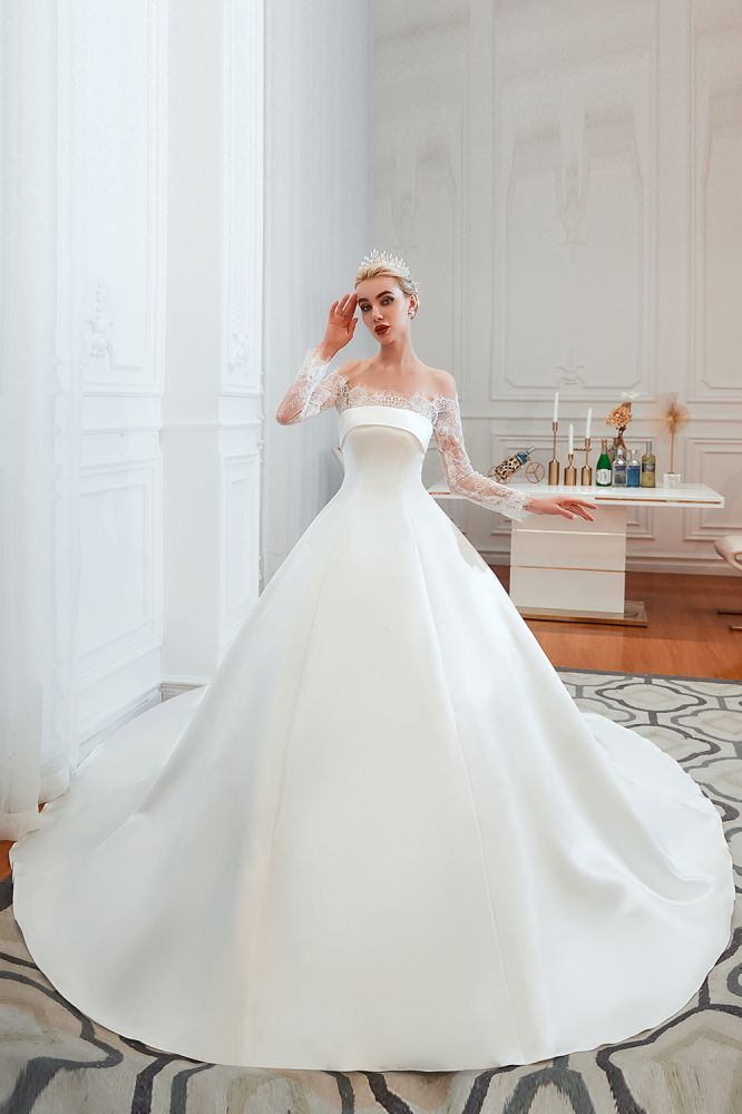 Romantic Lace Long Sleevess Princess Satin Wedding Dress-showprettydress