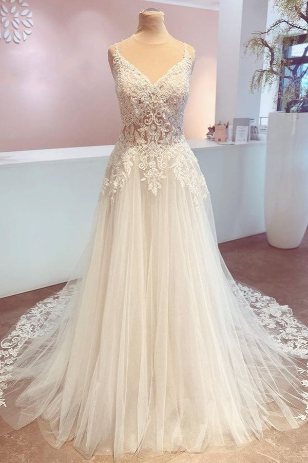 Romantic Long A-Line Spaghetti Straps Appliques Lace Backless Wedding Dress-showprettydress