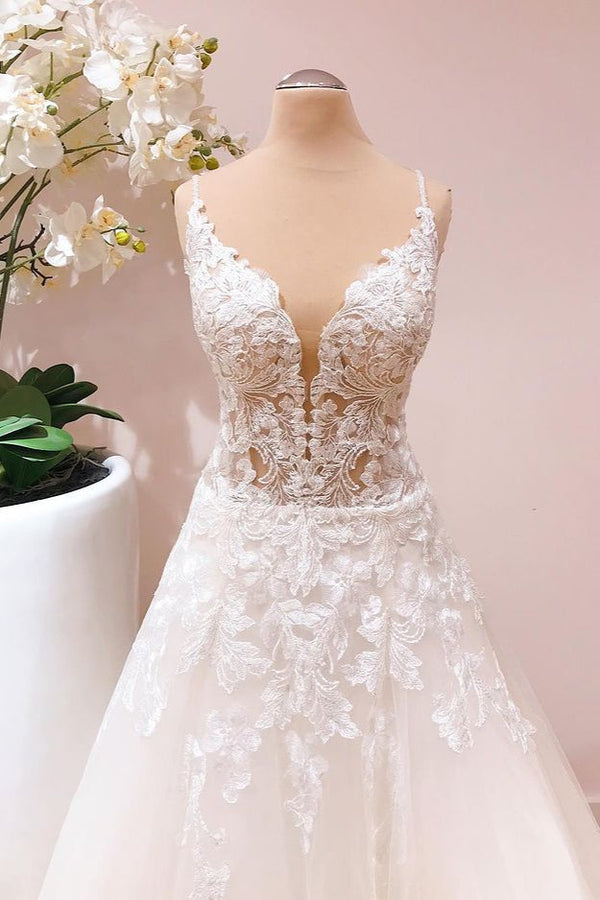 Romantic Long A-line Spaghetti Straps Appliques Lace Tulle Wedding Dress-showprettydress