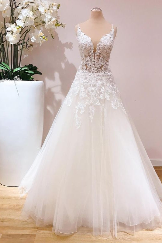 Romantic Long A-line Spaghetti Straps Appliques Lace Tulle Wedding Dress-showprettydress