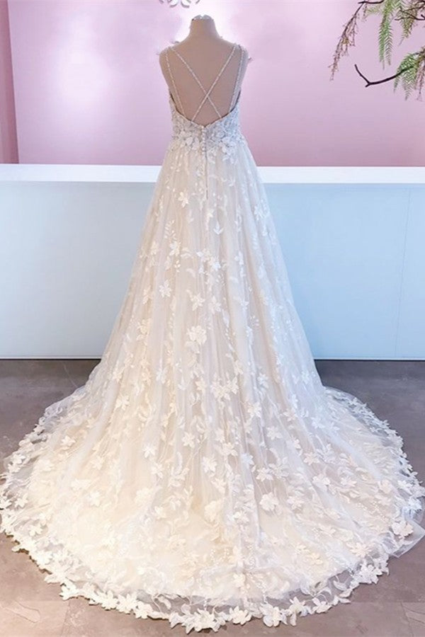 Romantic Long A-Line Sweetheart Appliques Lace Tulle Wedding Dress-showprettydress