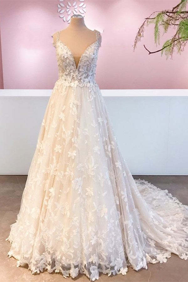 Romantic Long A-Line Sweetheart Appliques Lace Tulle Wedding Dress-showprettydress