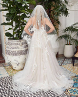 Romantic Long A-line V-neck Lace Tulle Lace Open Back Wedding Dress-showprettydress
