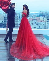 Romantic Off-the-Shoulder A-line Evening Maxi Gown Tulle Formal Party Dress-showprettydress