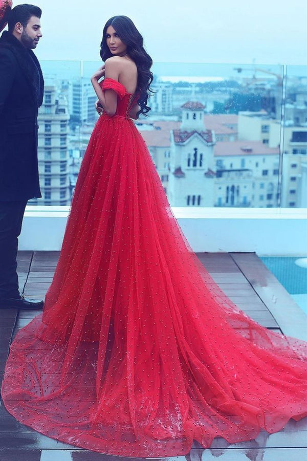 Romantic Off-the-Shoulder A-line Evening Maxi Gown Tulle Formal Party Dress-showprettydress