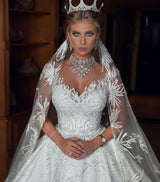 Romantic Sequined Pattern A line Wedding Dress V Neck Sleeveless Crystal Gowns-showprettydress