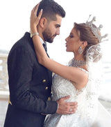 Romantic Sequined Pattern A line Wedding Dress V Neck Sleeveless Crystal Gowns-showprettydress