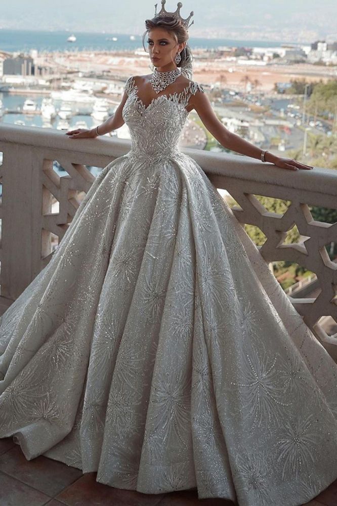 Romantic Sequined Pattern A line Wedding Dress V Neck Sleeveless Crystal Gowns-showprettydress