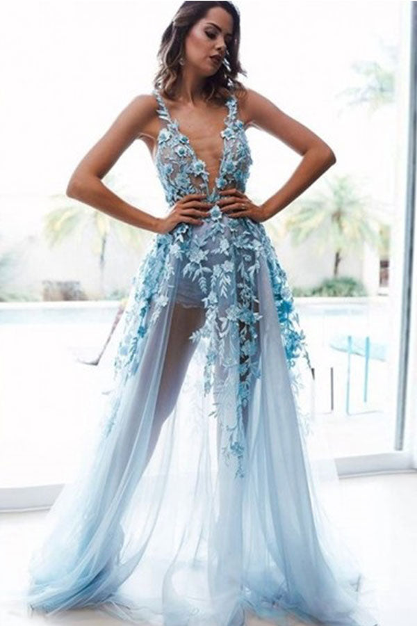 Romantic Sky Blue Deep V-neck A-line See-through Chic Backless Sleeveless Prom Party Gowns-showprettydress