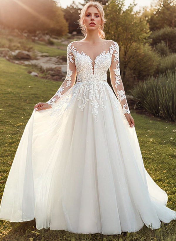 Romantic Tulle Long Sleeves Ball-Gown Lace Wedding Dresses-Showprettydress