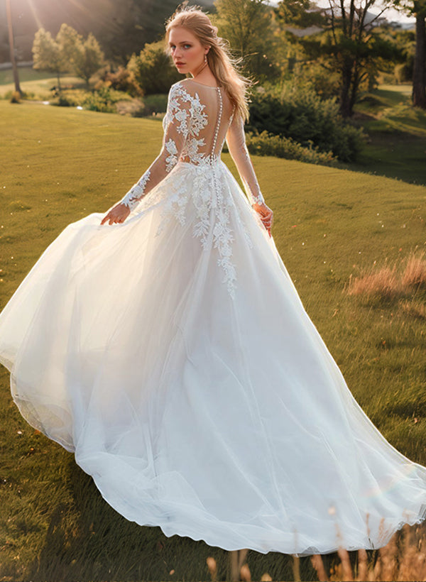 Romantic Tulle Long Sleeves Ball-Gown Lace Wedding Dresses-Showprettydress