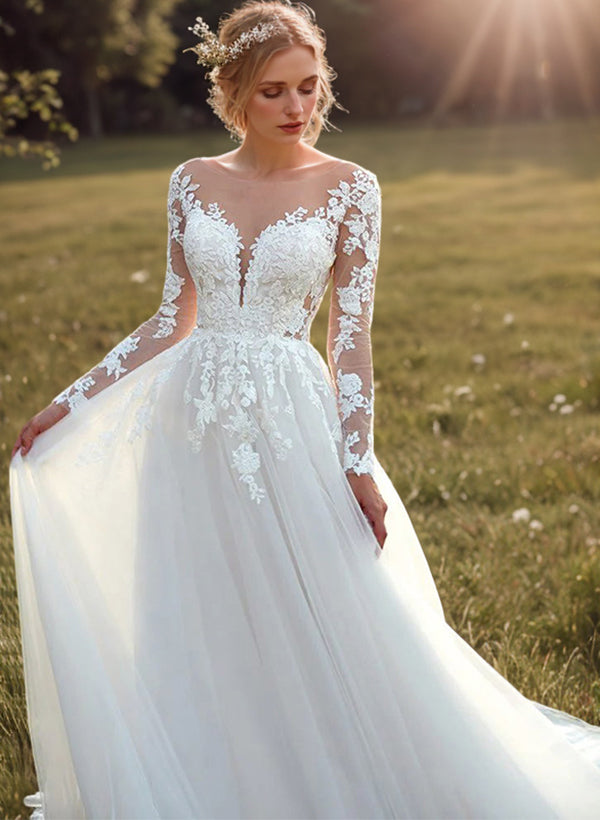 Romantic Tulle Long Sleeves Ball-Gown Lace Wedding Dresses-Showprettydress