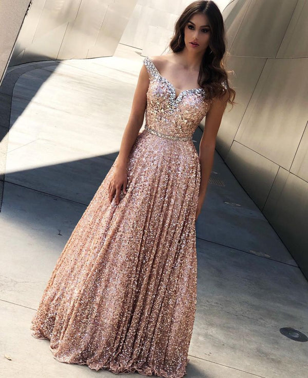 Rose Gold Sequins Evening Dresses |Off-the-Shoulder Chic Bling-bling Prom Party Gowns-showprettydress