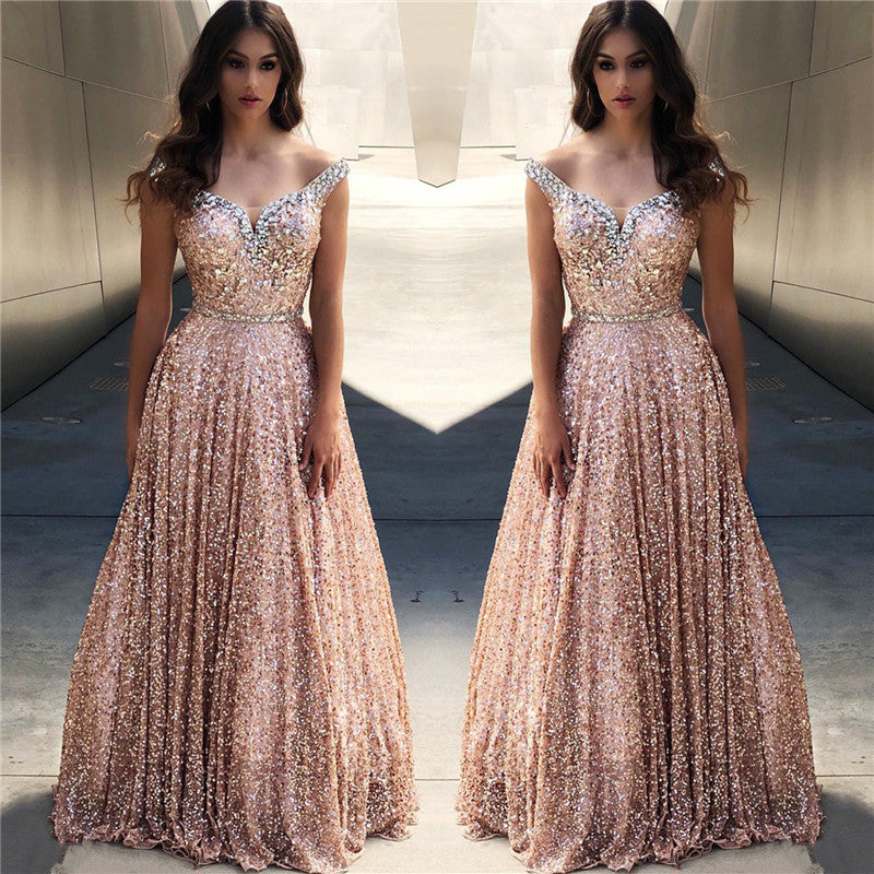 Rose Gold Sequins Evening Dresses |Off-the-Shoulder Chic Bling-bling Prom Party Gowns-showprettydress