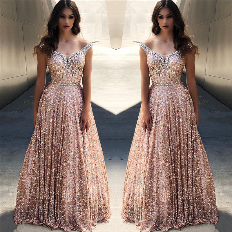 Rose Gold Sequins Evening Dresses |Off-the-Shoulder Chic Bling-bling Prom Party Gowns-showprettydress
