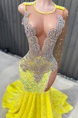 Round neck Silver Beaded Mermaid Yellow Sequin Prom Dresses-showprettydress