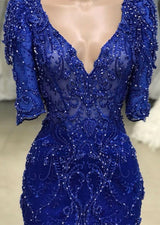 Royal blue Beaded Lace appliques 1/2 sleeve Mermaid Prom Party Gowns-showprettydress