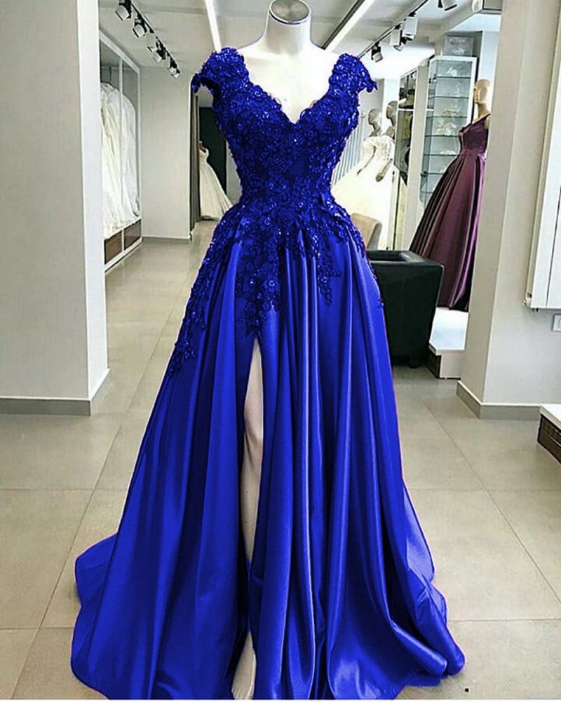 Royal Blue Cap sleeves V-neck High split A-line Evening Dresses-showprettydress