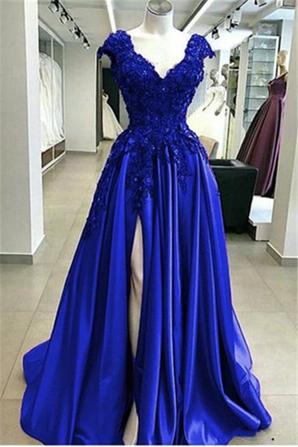 Royal Blue Cap sleeves V-neck High split A-line Evening Dresses-showprettydress