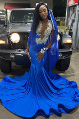 Royal Blue Deep V-neck Mermaid Court Train Long Prom Dresses-showprettydress