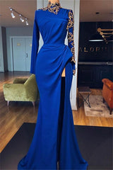 Royal Blue High Neck Side Slit Mermaid Prom Dresses Elegant Long Sleevess Appliques Evening Gowns-showprettydress
