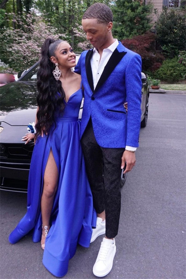 Royal Blue Jacquard One Button Peaked Lapel Prom Mens Suits ...