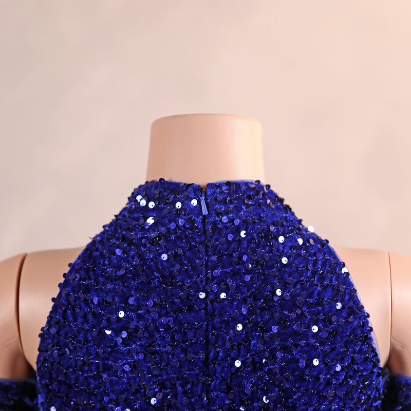 Royal Blue Long Mermaid Halter Sequined Formal Prom Dresses with Sleeves-showprettydress