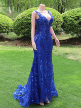 Royal Blue Long Mermaid V-neck Sequined Lace-up Backless Prom Dresses-showprettydress