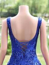 Royal Blue Long Mermaid V-neck Sequined Lace-up Backless Prom Dresses-showprettydress