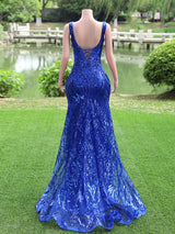 Royal Blue Long Mermaid V-neck Sequined Lace-up Backless Prom Dresses-showprettydress