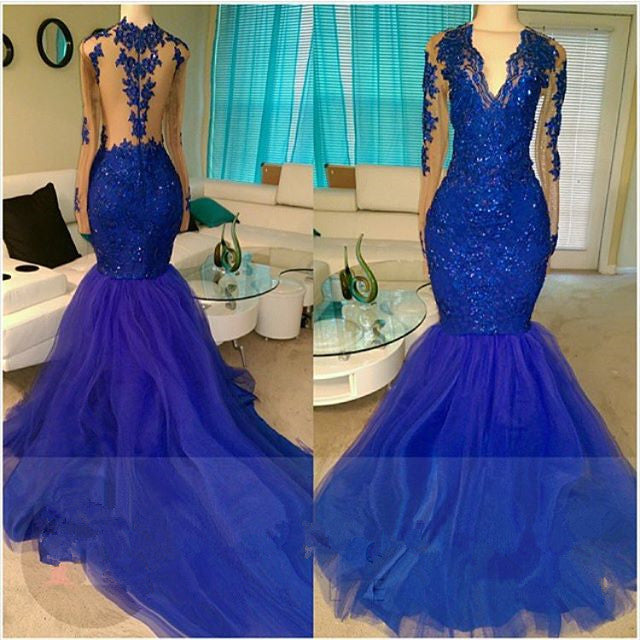 Royal-Blue Long-Sleeve Beading Sequins V-neck Appliques Mermaid Tulle Prom Dresses-showprettydress