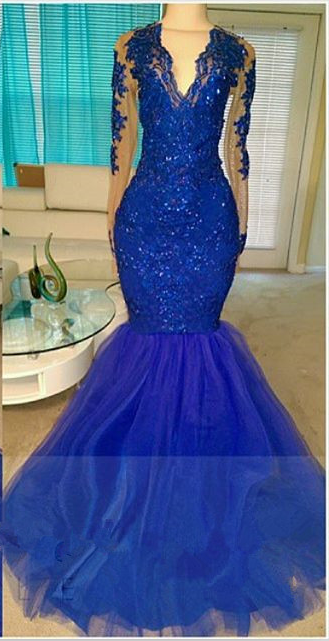 Royal-Blue Long-Sleeve Beading Sequins V-neck Appliques Mermaid Tulle Prom Dresses-showprettydress