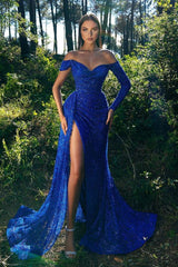 Royal Blue Long Sleeves Sequins Mermaid Evening Dress With Slit-showprettydress