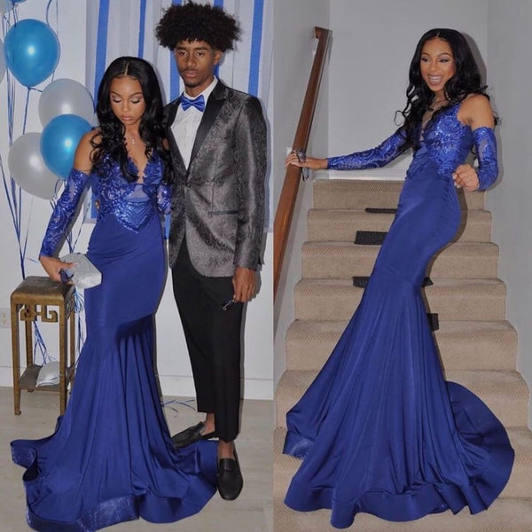 Royal Blue Mermaid Prom Party Gowns Sequined V-Neck Party Wear-showprettydress