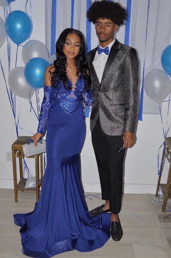 Royal Blue Mermaid Prom Party Gowns Sequined V-Neck Party Wear-showprettydress