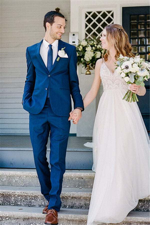 Royal Blue Notched Lapel Wedding Groom Men Suit-showprettydress