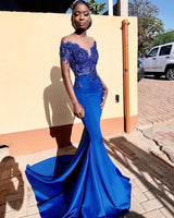 Royal Blue Off-the-shoulder Mermaid Prom Dresses with Lace Appliques and Chapel Train-showprettydress