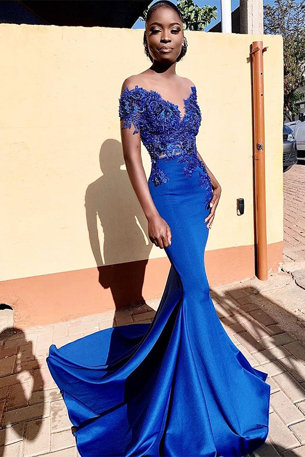 Royal Blue Off-the-shoulder Mermaid Prom Dresses with Lace Appliques and Chapel Train-showprettydress