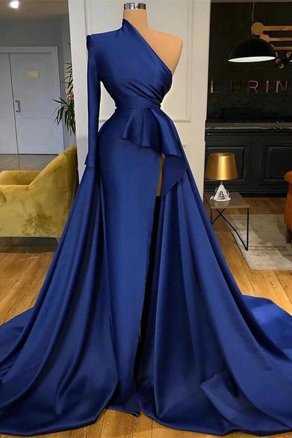 Royal Blue One Shoulder Long Sleeves Slit Prom Dress Overskirt-showprettydress