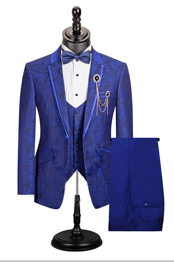 Royal Blue Paisley Pattern Dinner Prom Suits 3 Pieces Single Button For Men Classic Jacket Outfit-showprettydress