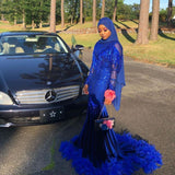Royal Blue Sequined Mermaid Evening Gown Sweep Train-showprettydress