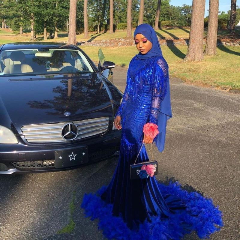 Royal Blue Sequined Mermaid Evening Gown Sweep Train-showprettydress