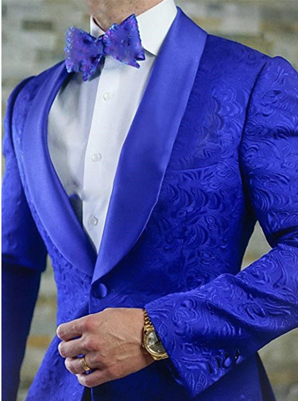 Royal Blue Shawl Lapel Groomsmen Tuxedos Jacquard Men Suits Prom Best Man Blazer 2 Pieces-showprettydress