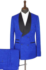 Royal blue Shawl Lapel Slim Fit Double Breasted Jacquard Wedding Suits-showprettydress