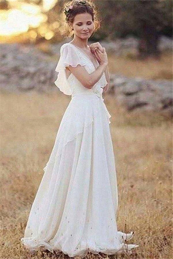 Ruched Floor Length A Line V neck Chiffon Short Sleeves Wedding Dresses-showprettydress